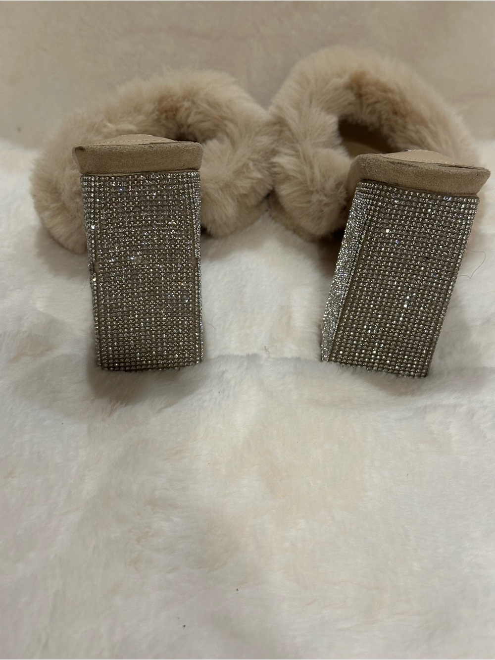 Cape Robbin Tan Faux-Fur Slide Heels with Rhinestone Block Heel - Picture 6 of 6